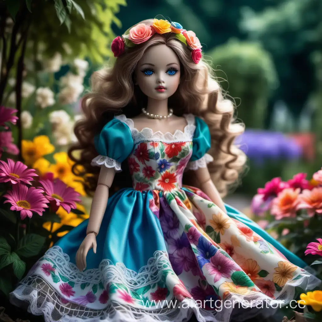 На фоне красиво уложенной клумбы с разноцветными цветами стоит кукла в восхитительном платье. Ее платье изящно облегает фигуру и украшено узорами и кружевами. Легкий ветерок развевает волосы куклы, придавая ей загадочную и изящную аурею. Кукла стоит на фоне ярких цветов, создавая прекрасный контраст и добавляя красок в эту сцену. Ее глаза блестят ярким светом, отражая восхищение красотой цветов и окружающей природы.