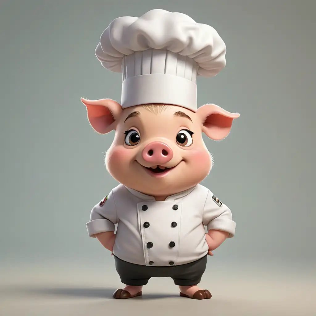 A cute pig in cartoon style, full body, Chef clothes with chef's hat, with clear background