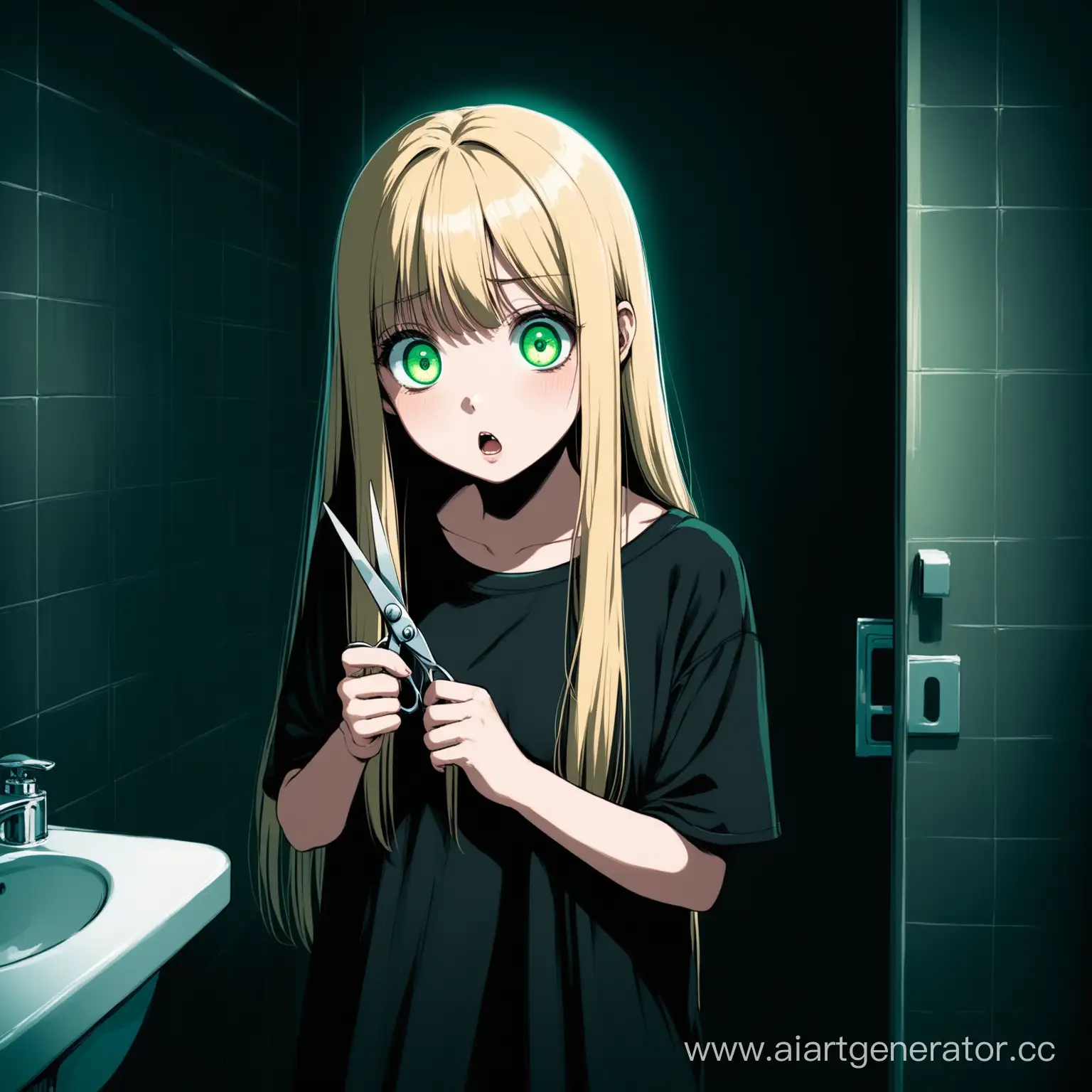 girl, big green eyes, long blonde straight hair with straight bangs, she is wearing a black oversize T-shirt, and in her hands are scissors, she is standing against the background of a bathroom, She looks scared, dark atmosphere