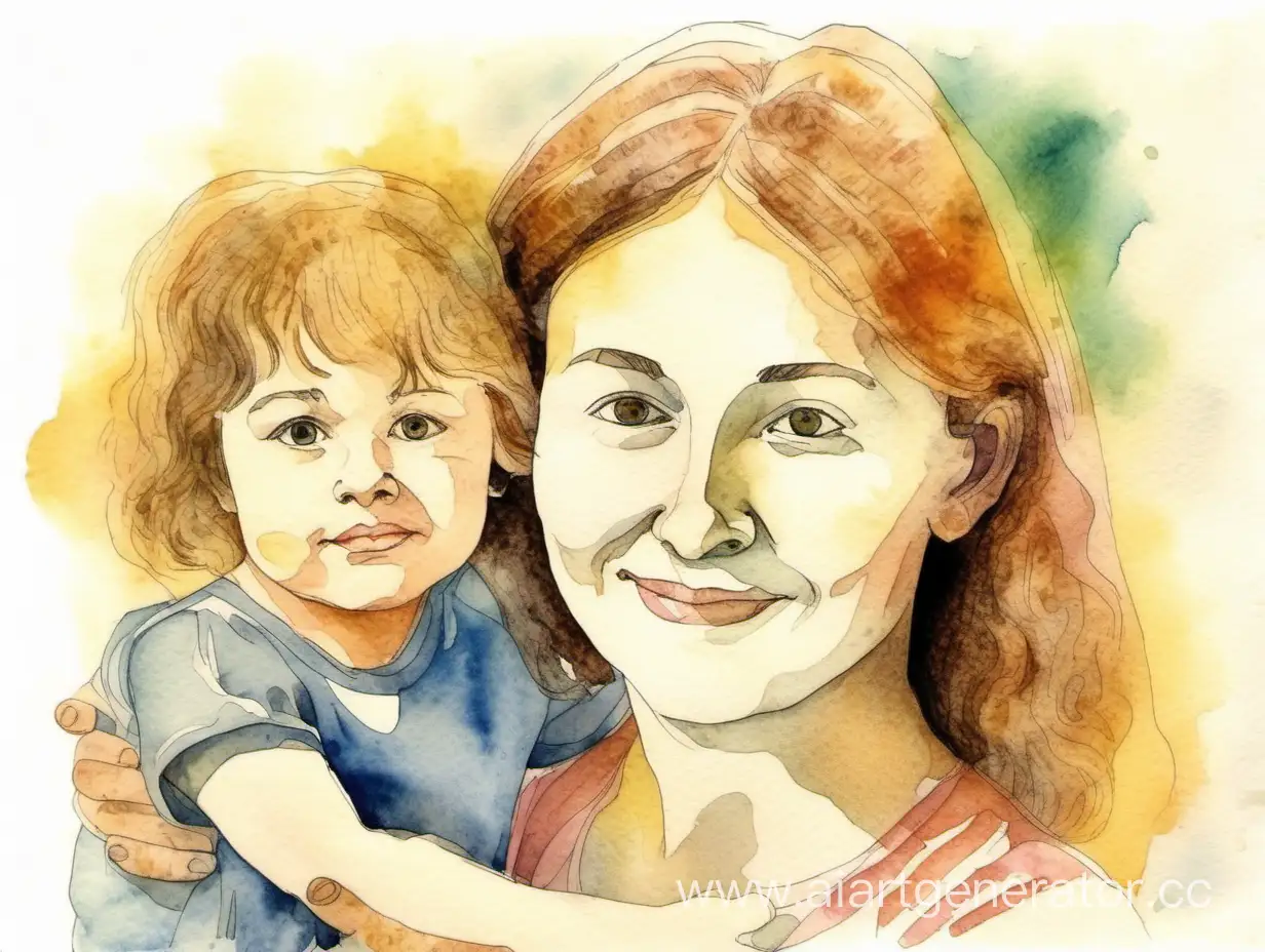 naive children's drawing portrait of a mother painted in watercolor