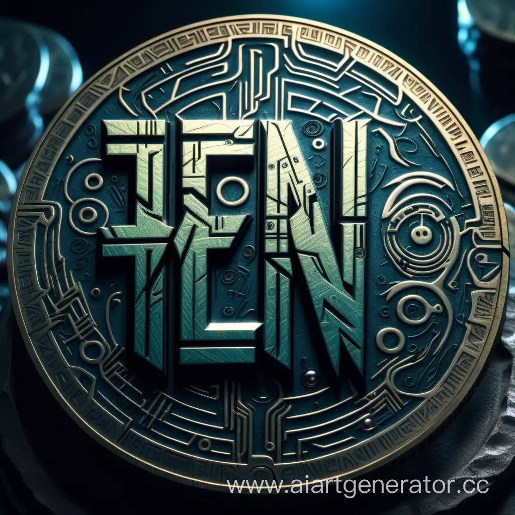 надпись TEN на монете,стиль киберпанк,загадочный узор на монте, магический антураж 