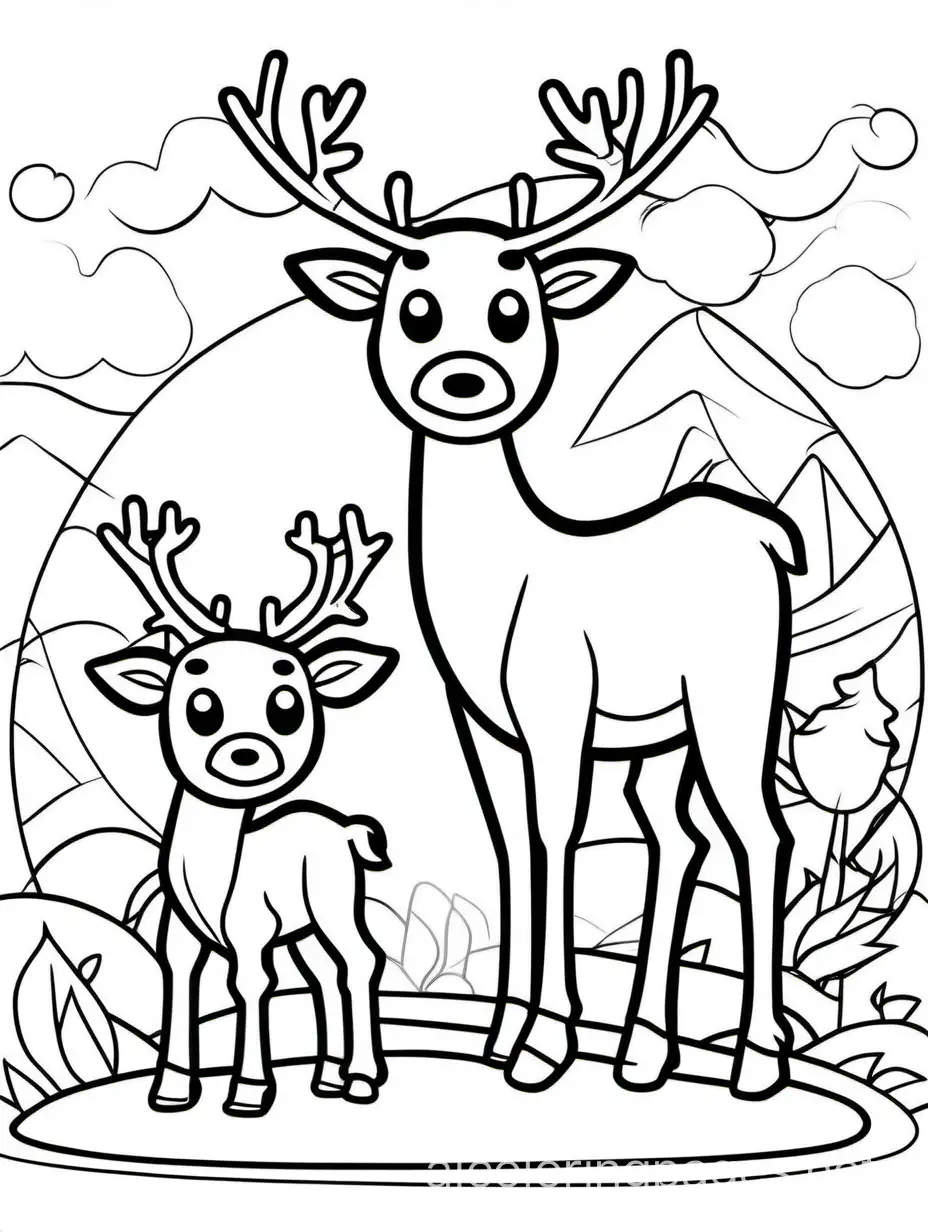 cute Reindeer with his baby for kids, Coloring Page, black and white, line art, white background, Simplicity, Ample White Space. The background of the coloring page is plain white to make it easy for young children to color within the lines. The outlines of all the subjects are easy to distinguish, making it simple for kids to color without too much difficulty
