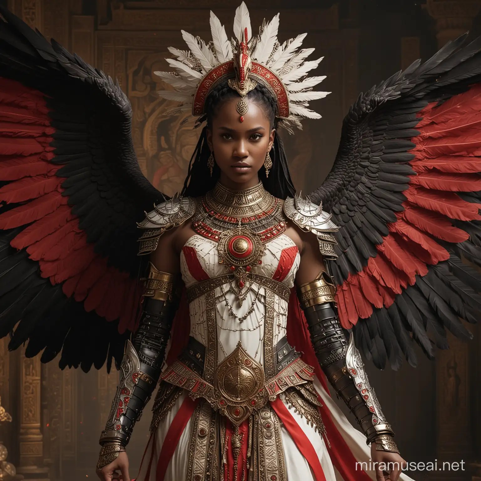 [the entire body] An african princess crowned queen of egypt with red and white wings, fierce in a dress like a warrior's armor, her dark black hair with a hint of blonde flowing on the side of her face and shoulders, a majestic robotic Garuda with red and white cloth ruffles, the background of the ancient Javanese Majapahit kingdom, hyper-realistic, finely detailed with intricate colors, uhd 128k
