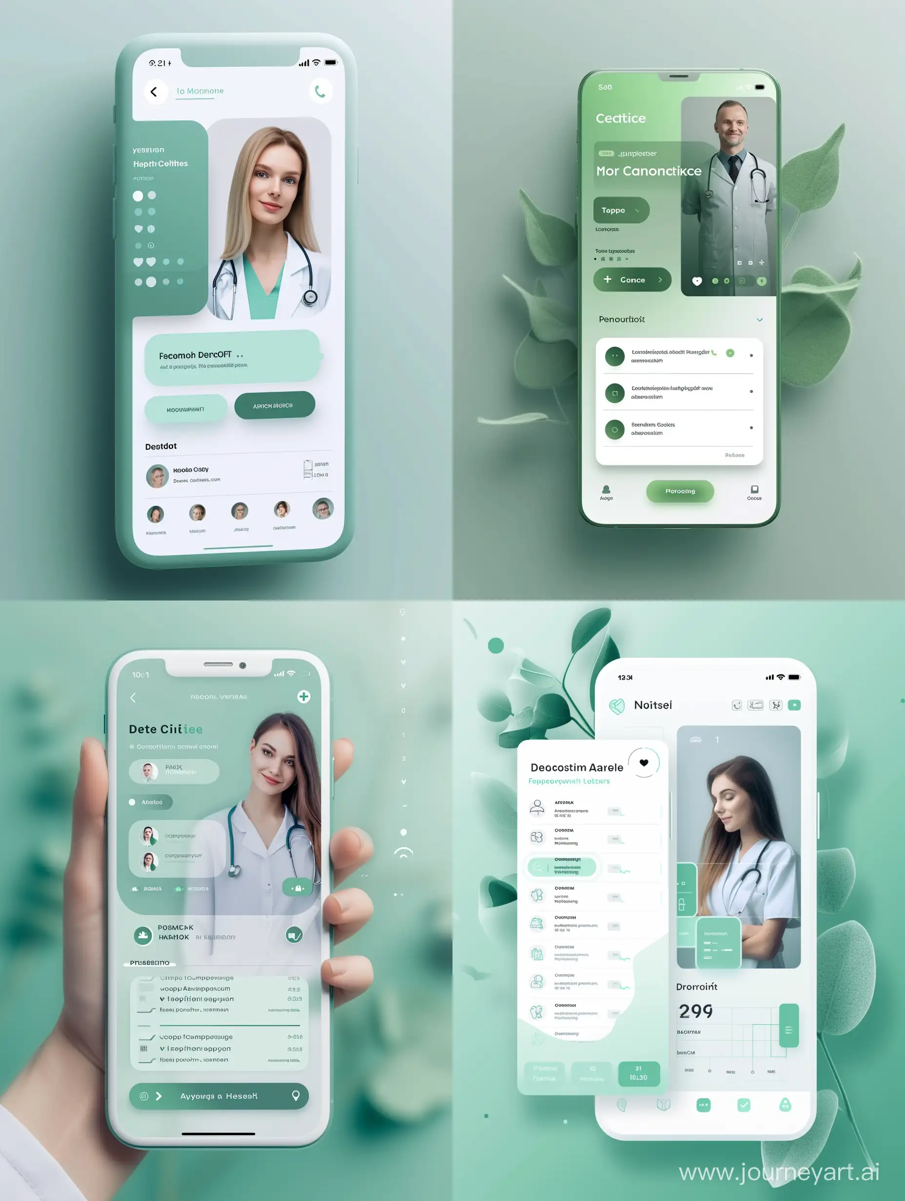 Мобильное приложение, которое помогает записываться в медицинские клиники на прием к врачу, интерфейс страницы личного кабинета в  нежных зеленоватых оттенках