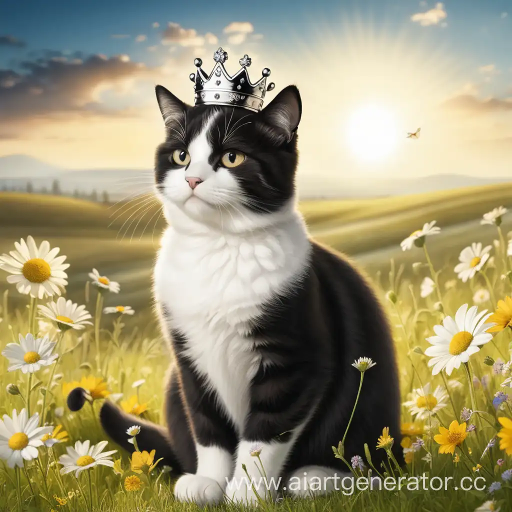 Black, white, cat, sits, crown, meadow, flowers, sky, sun, clouds
