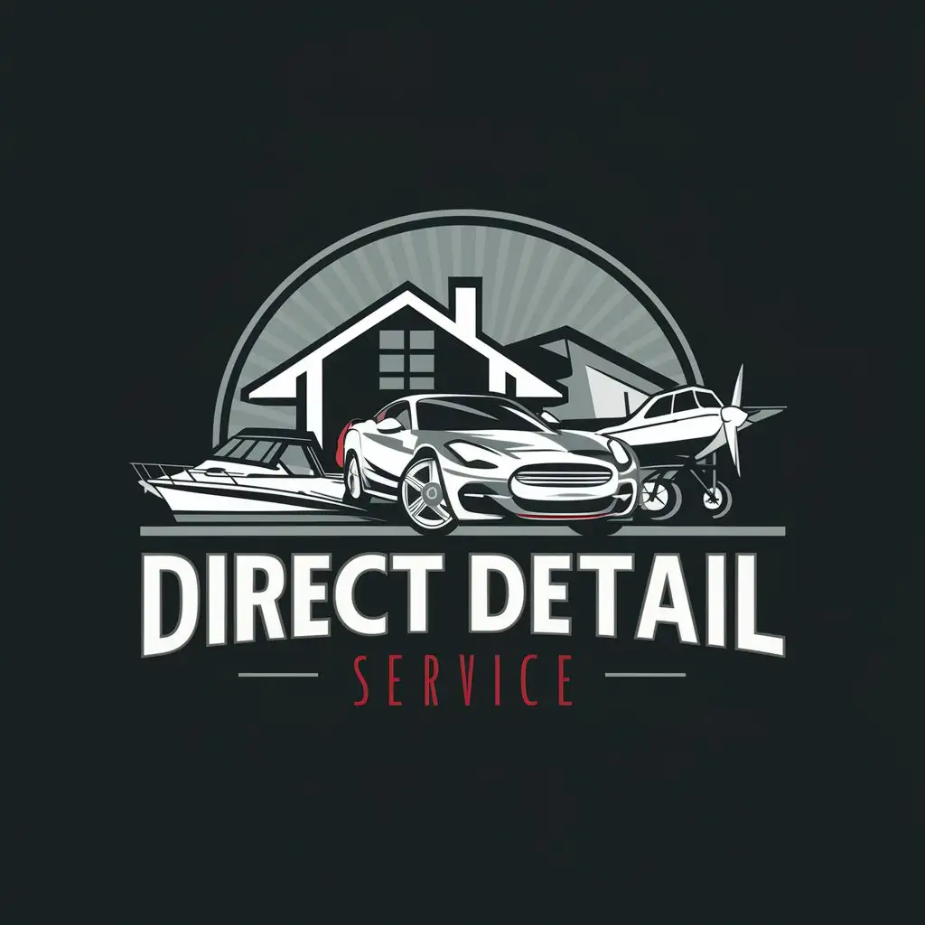 simple logo, car, boat, plane, home, all sparkling clean, with the text "Direct Detail Service", typography, be used in Automotive industry, red white and grey coloration