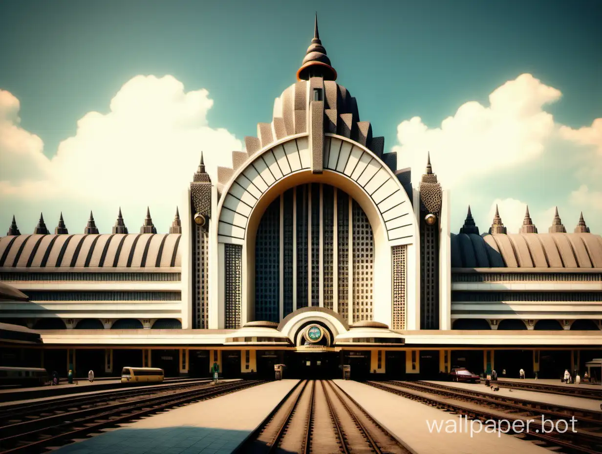 huge central train station in art deco style inspired by Borobudur, outside view