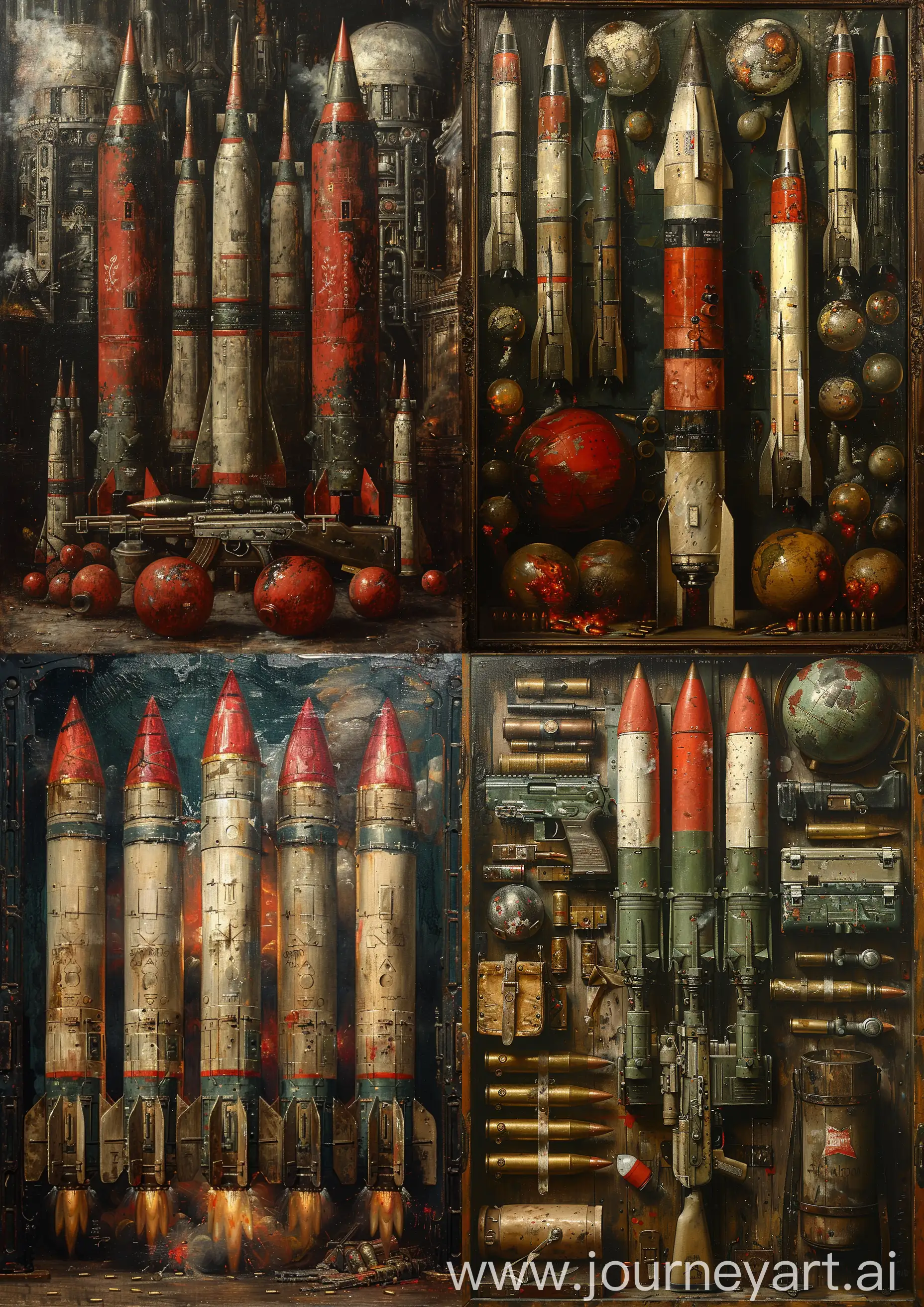 Edward-BurneJones-Artwork-Depiction-of-Rockets-Kalashnikov-Rifle-and-Grenades