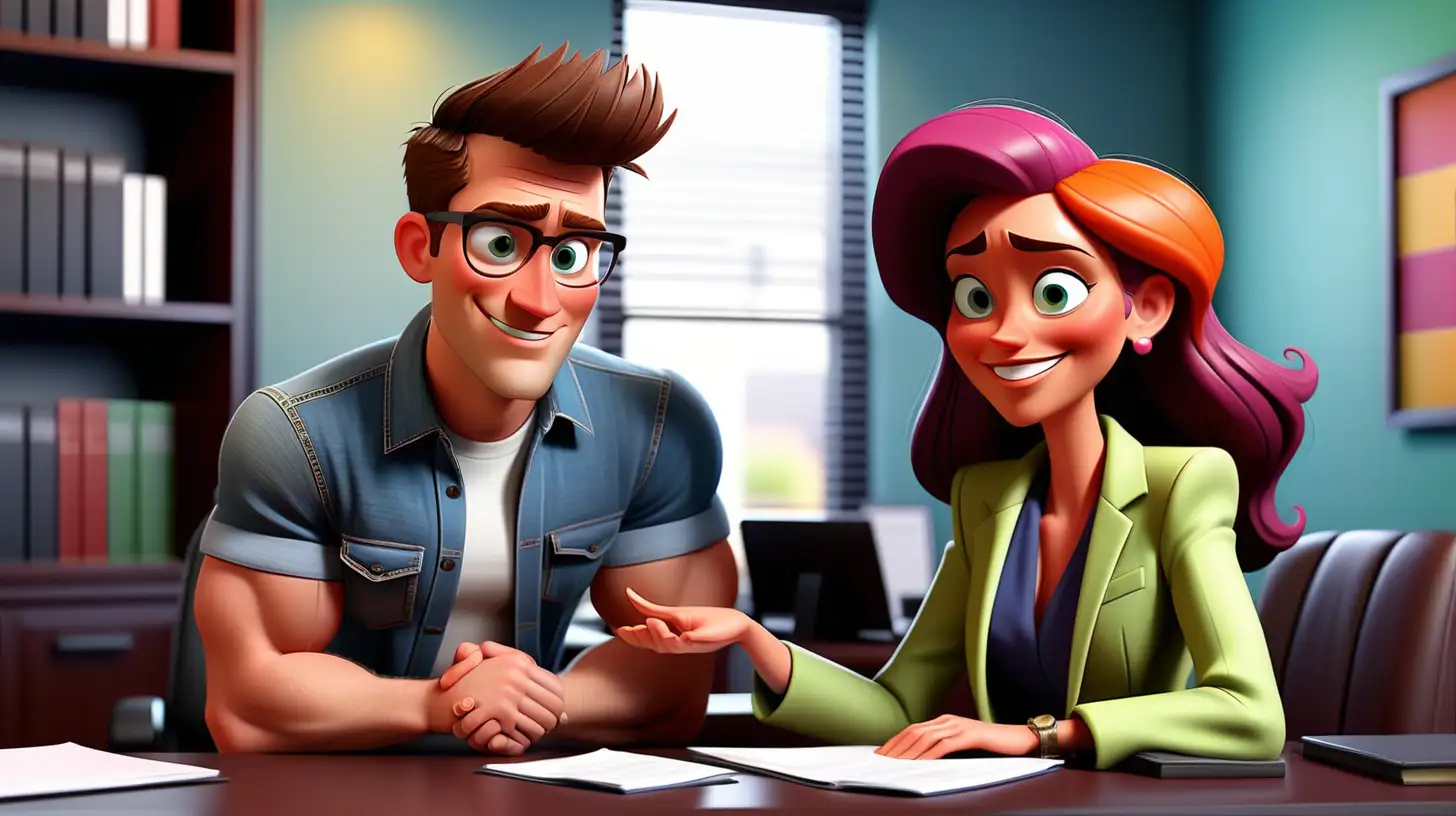 happy, young male small business owner dressed in jeans and a t shirt meeting with a professionally dressed female lawyer in a fancy law office colorful clothes pixar style no watermark