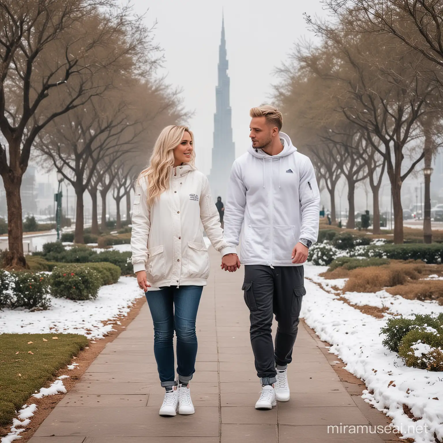 Stylish Pregnant Couple Walking in Snowy Park with Iconic Landmarks in Background