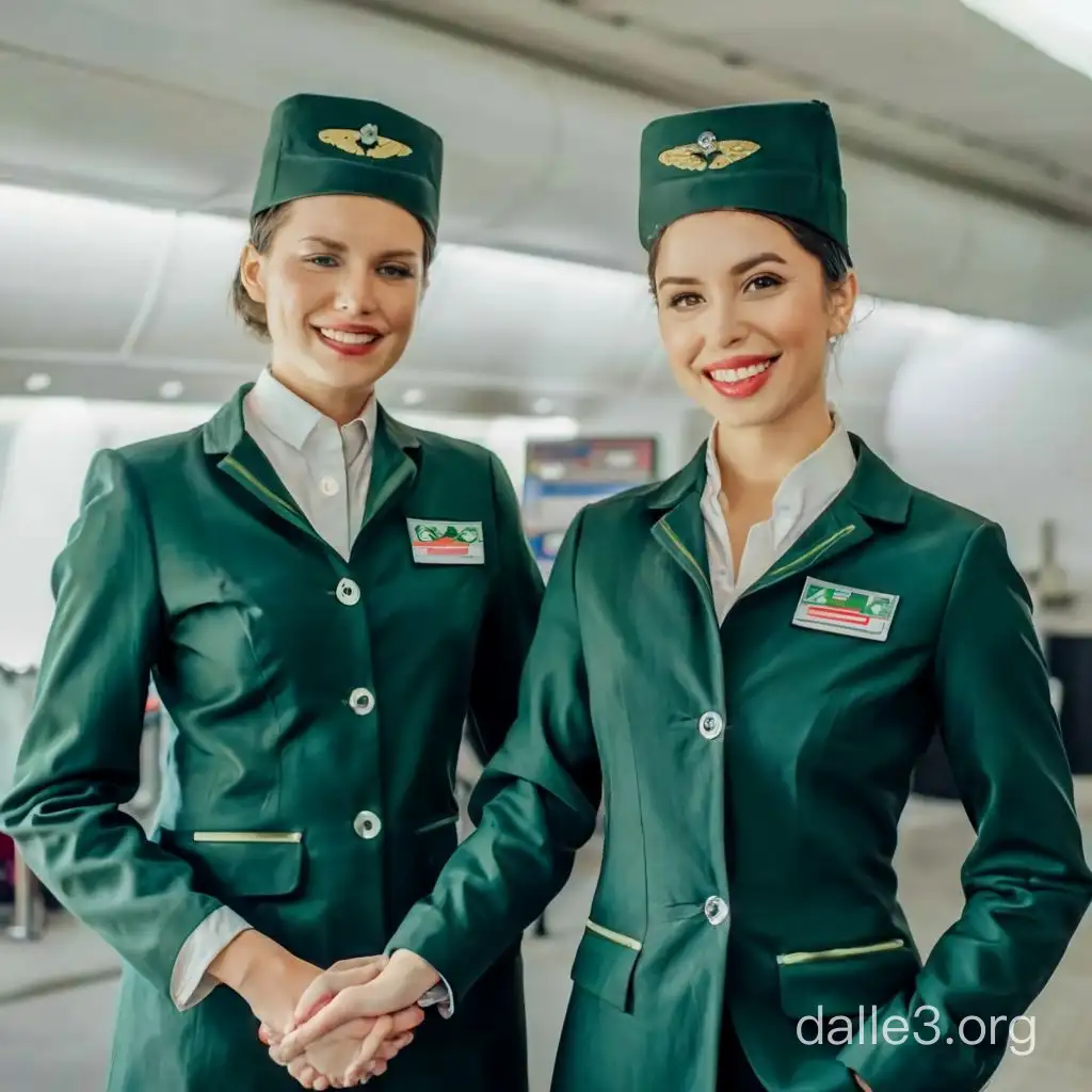 две стюардессы в зеленой форме улыбаются