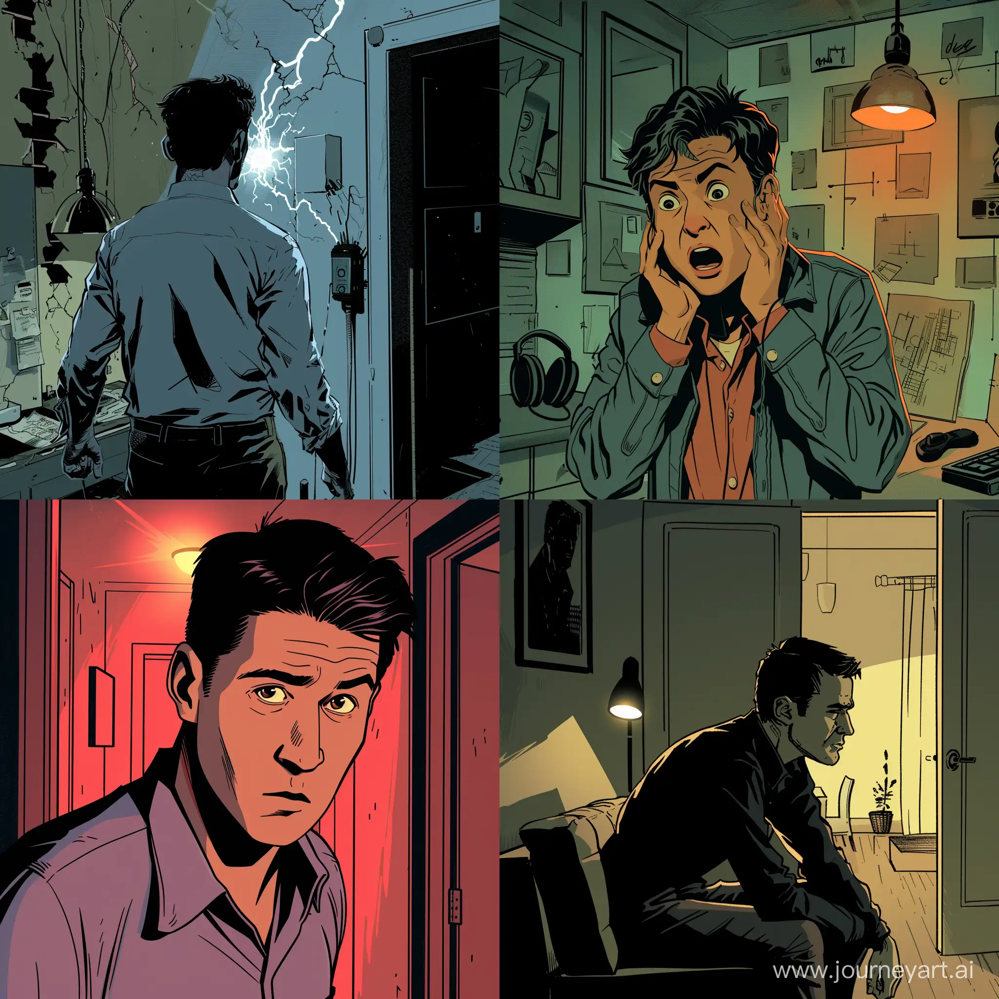 The guy called in a specialist to determine the noise in the apartment., 
little lighting, modern american comic book style