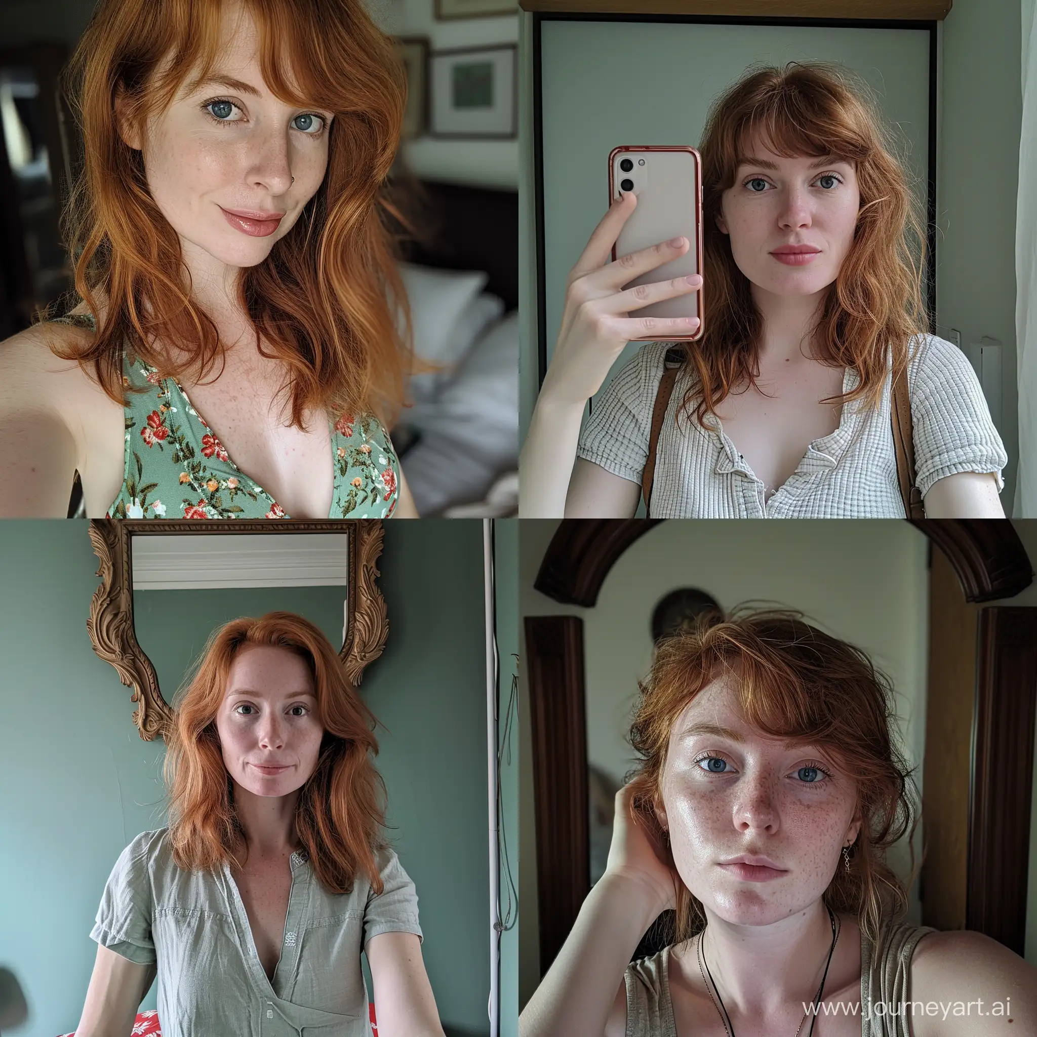 Interior selfie of a woman with redhead, shot on a low camera quality phone