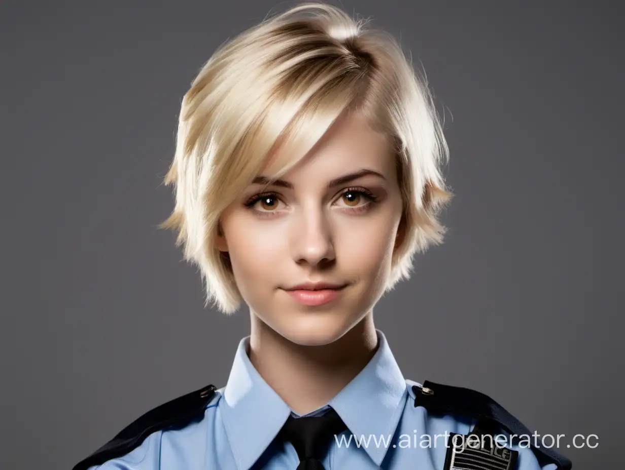 Карие глаза блондинка с короткой стрижкой в полицейской форме
