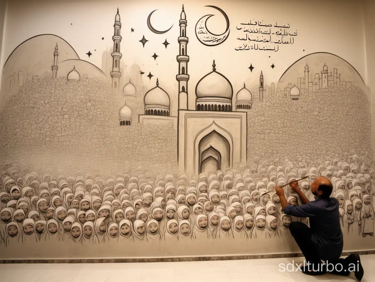 A man in his forties holds a brush and draws a Ramadan landmark on a large wall, with many children next to him.