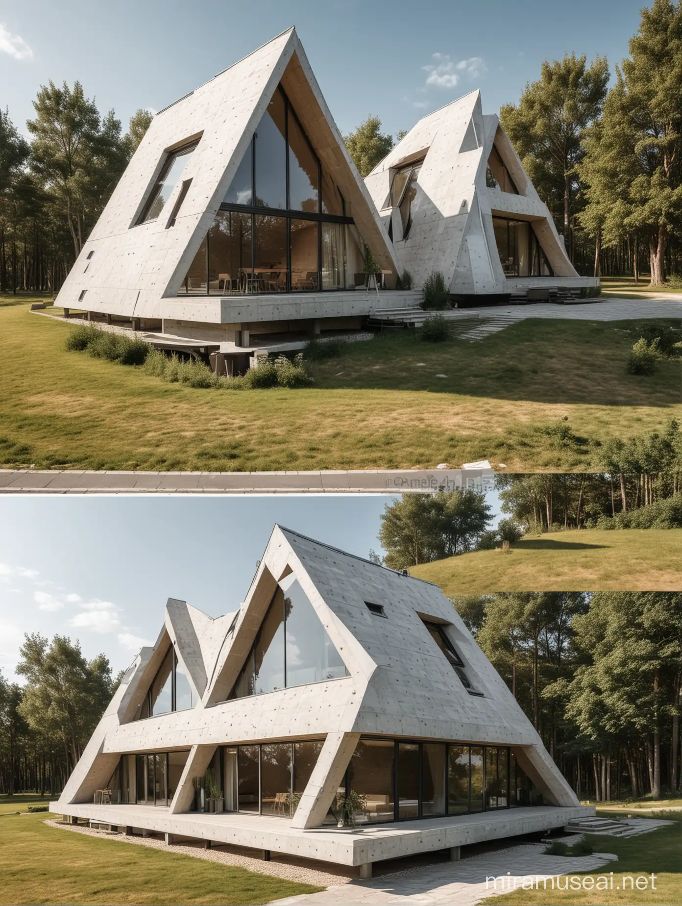 unique and creative triangular house. architectural house. Show  different sides ; front, side and back views