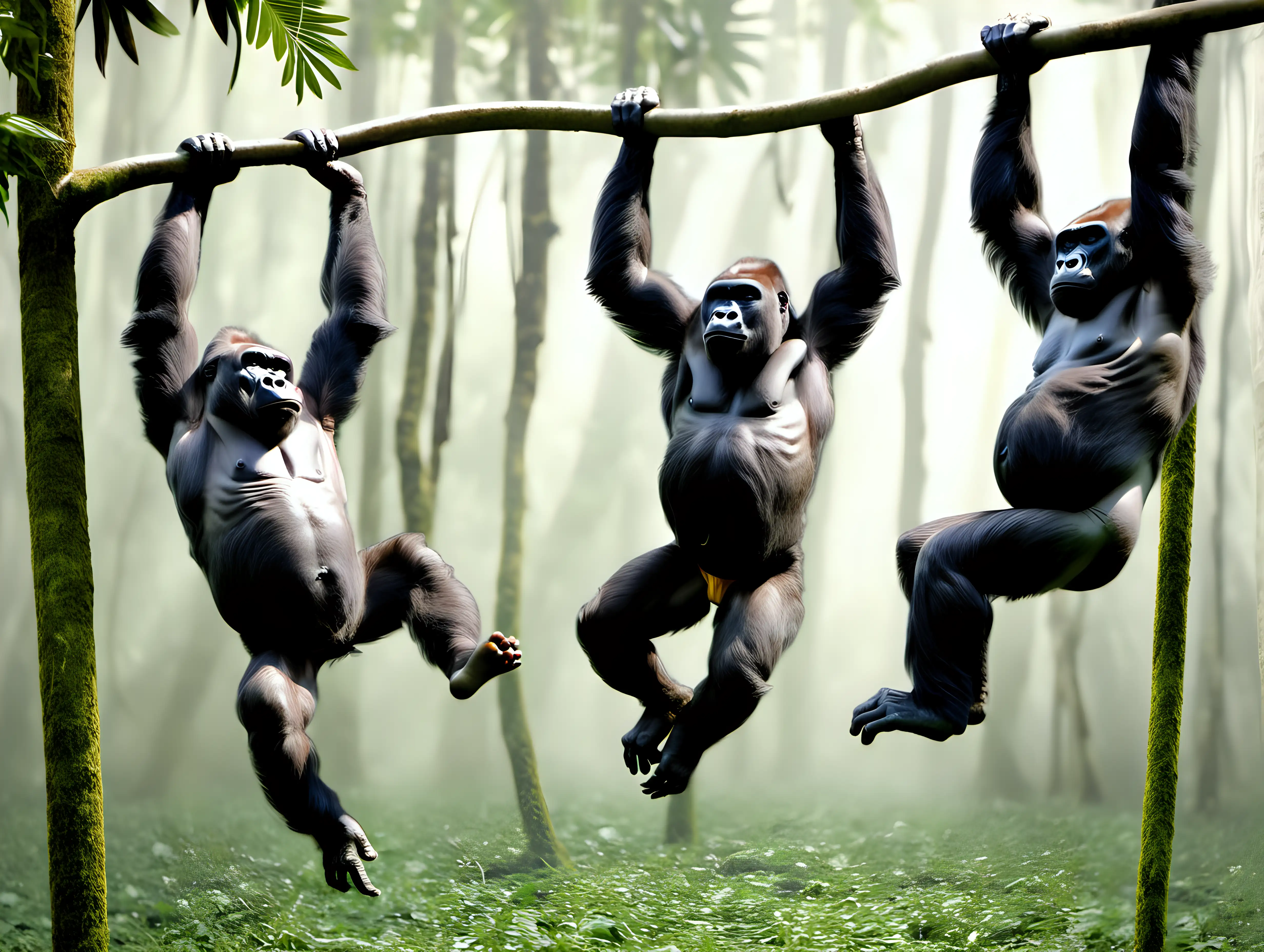 gorillas swinging from trees inrainforest