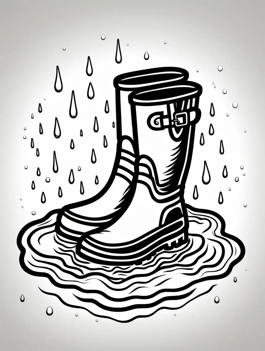 extremely simple black line drawing of a rain boot in a puddle of water,
 on white background, coloring book for toddlers, 