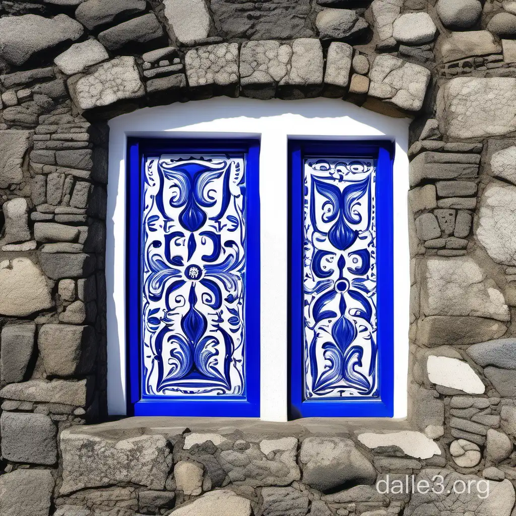 Cobalt blue and white Portuguese art on Azorean stone sea cottage wall