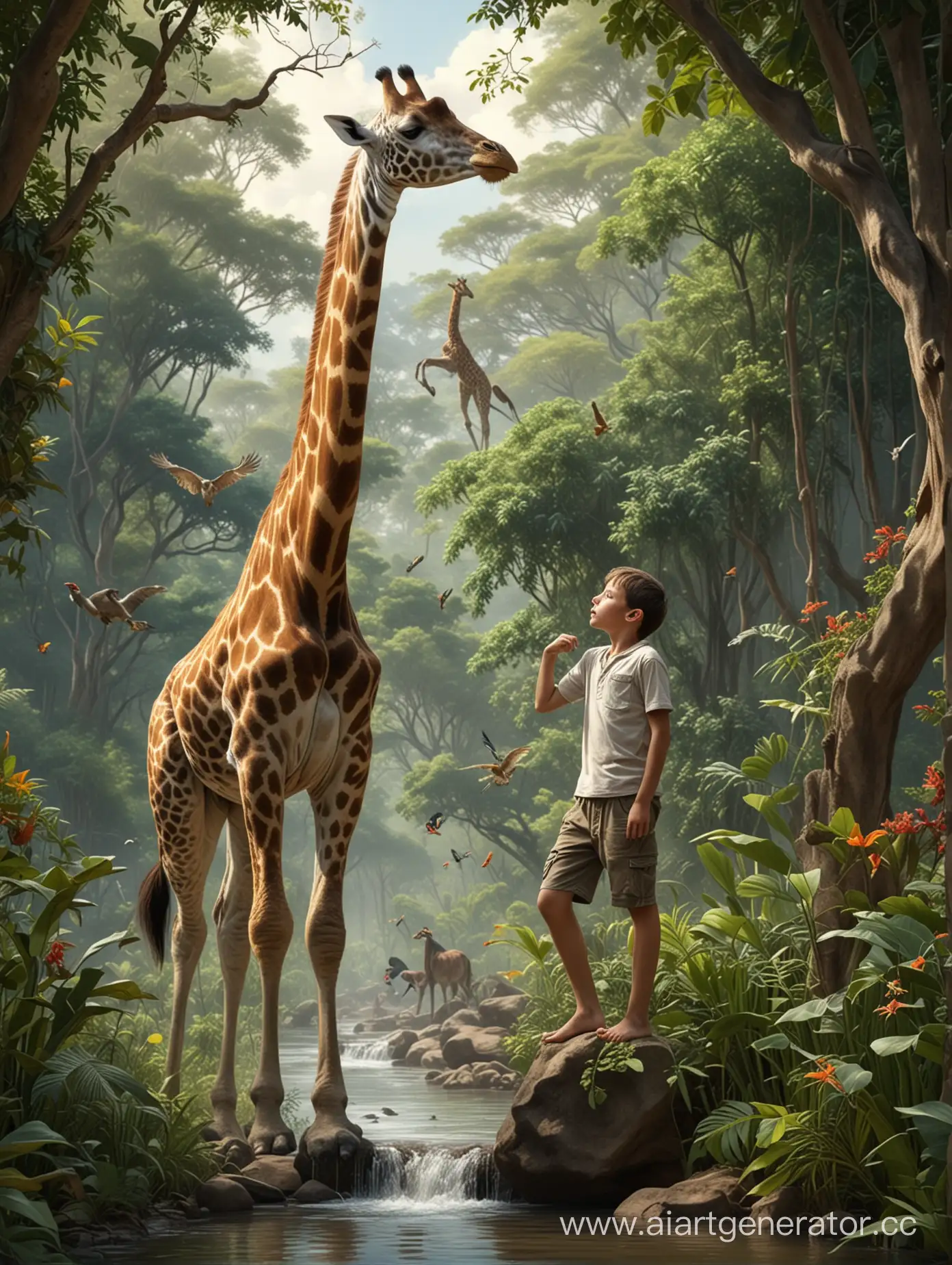 Портрет мальчик стоит в джунглях, по веткам прыгают обезьяны, рядом стоит жираф, в небе летают тропические птицы, сбоку бежит ручей, очень реалистично