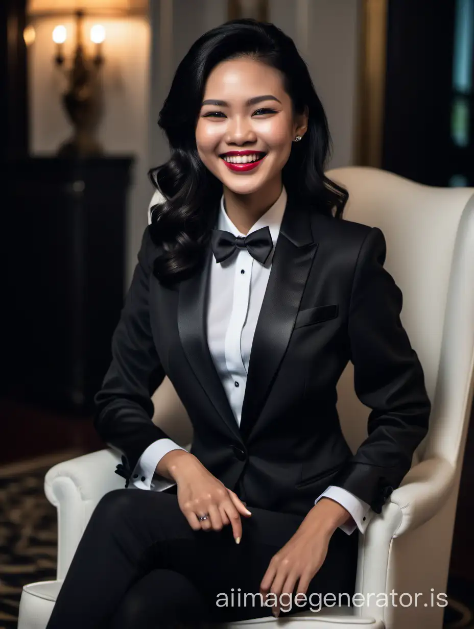 Elegant-Vietnamese-Woman-in-Black-Tuxedo-Smiling-in-Dimly-Lit-Mansion