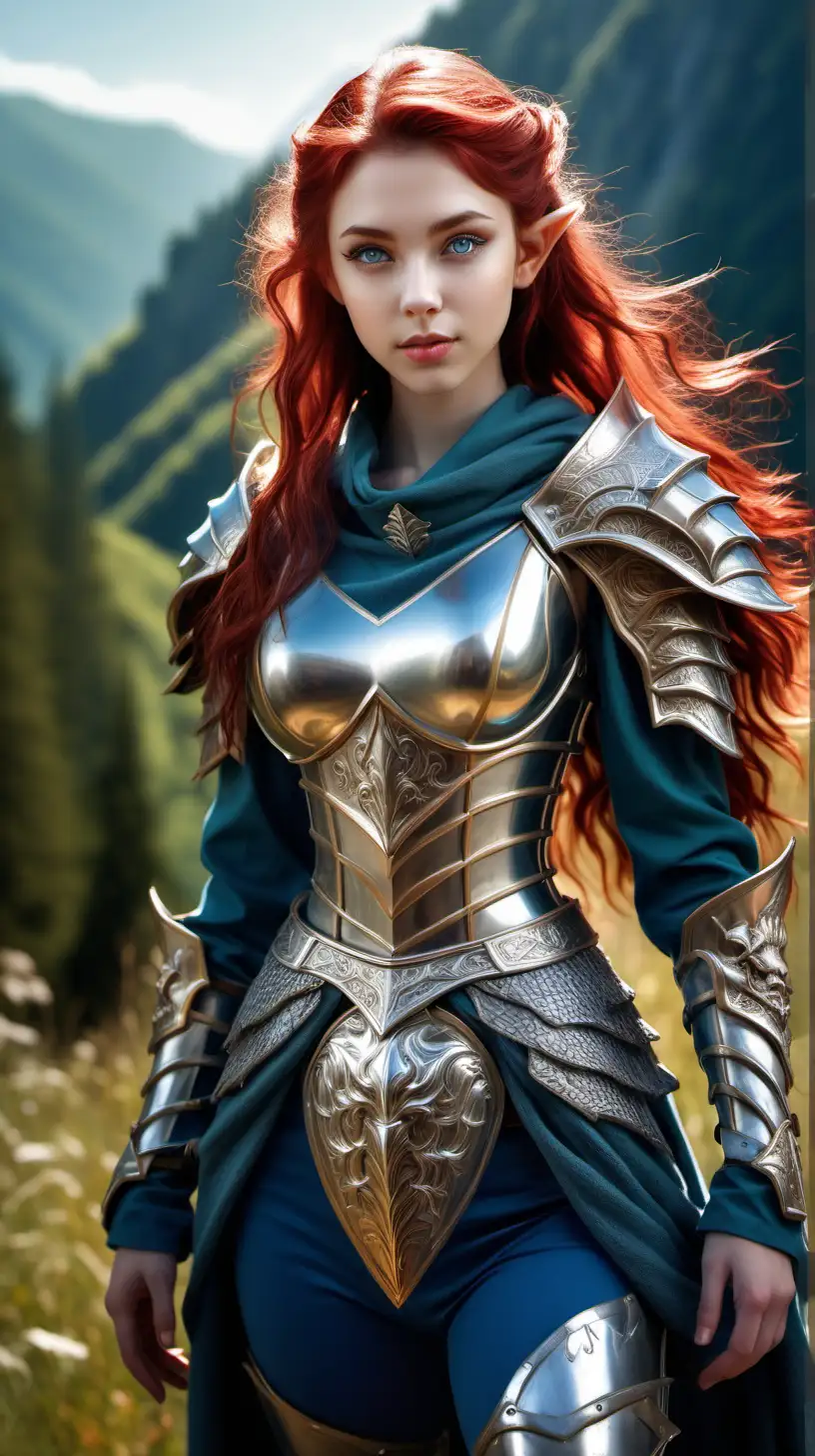 Photo of elf girl in silver armor, super detailed beautiful face, realistic features, delicate skin, radiant eyes, expressive eyebrows, luscious lips, defined cheekbones, flawless complexion, intricate hair strands, vibrant colors, lifelike shadows, high-resolution, impeccable artistry, red hair, long hair, hair down, green eyes, full perfect face, closed mouth, Caucasian face, caucasian facial features, European facial features, face resembles original image, smiling, long elf ears, teen, elegant, cute, beautiful, petite, short hight, mischievous smile, silvery plate armor, clothed legs, long blue wool cloak, fully clothed, blue shirt under armor, blue pants, standing up, female full-skin figure, idyllic mountain background, sunlight, medieval fantasy, extreme detail, sharp focus*m, ultra high quality model, cinematic, hyper realism, detailed fingers, beautiful hands, high resolution, detailed face, detailed eyes, beautiful eyes, Hair Back, Long Hair, Over Shoulder Hair, Wavy Hair, Bangs, Red Hair, Hair Down, Beautiful Detailed Eyes, Bright Big Eyes, Green Eyes, Hyperrealistic Eyes, Ultra Detailed Iris, Light Smile, Pointy Ears, Closed Mouth, Big Lips, Boots, Detailed Breastplate Silver Armor With Dragon Head Engraving, Belt, Amulet, Looking At Viewer, Hands On Hips, Mountain, Grass, Forest, Outdoors, Alps, Clear Day, Scenery, Stunning, Detailed, Noon, Daytime, spring, Sunlight, Cinema Light, Tactical Use Of Shadow