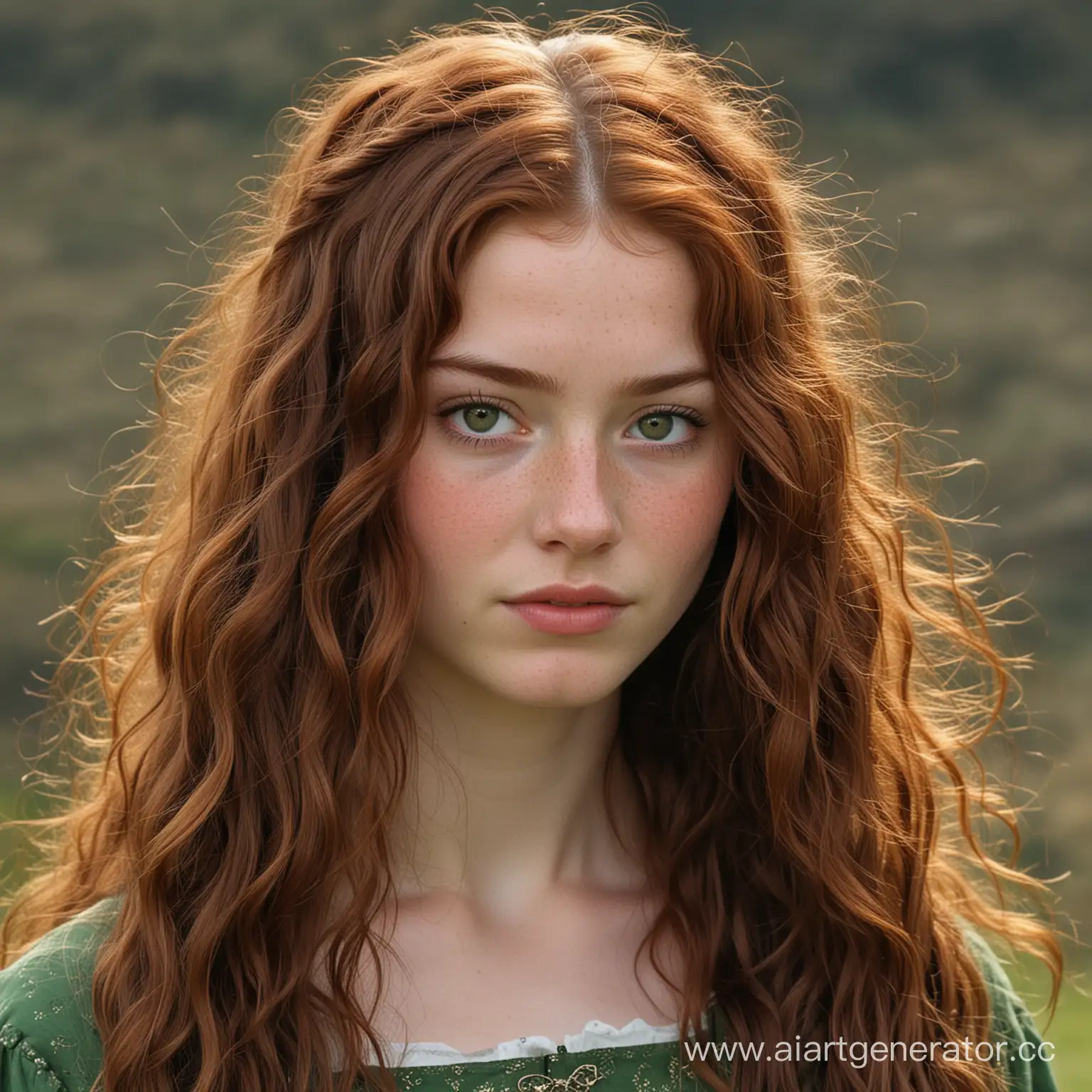 The 16 year-old girl has long, wavy dark brownish-red hair that falls in loose waves around her face. Her skin is pale and covered in freckles, and her eyes are a deep, piercing green. Her facial features are delicate and refined, with a small, straight nose and full lips. She is dressed in a medieval peasant gown
