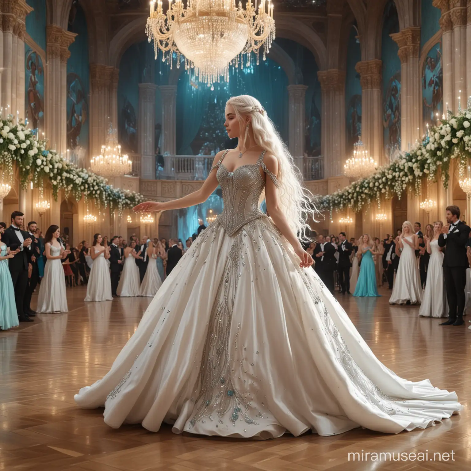 Elegant WhiteHaired Woman Dances with Prince in Turquoise Ballroom