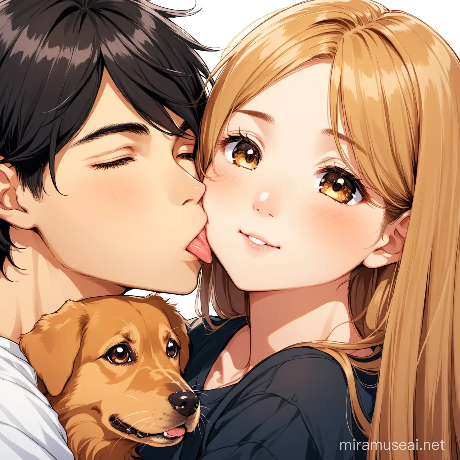 Cute 16 year old girl kissing left cheek if long haired boy on cheek dog licks right side of cheek 