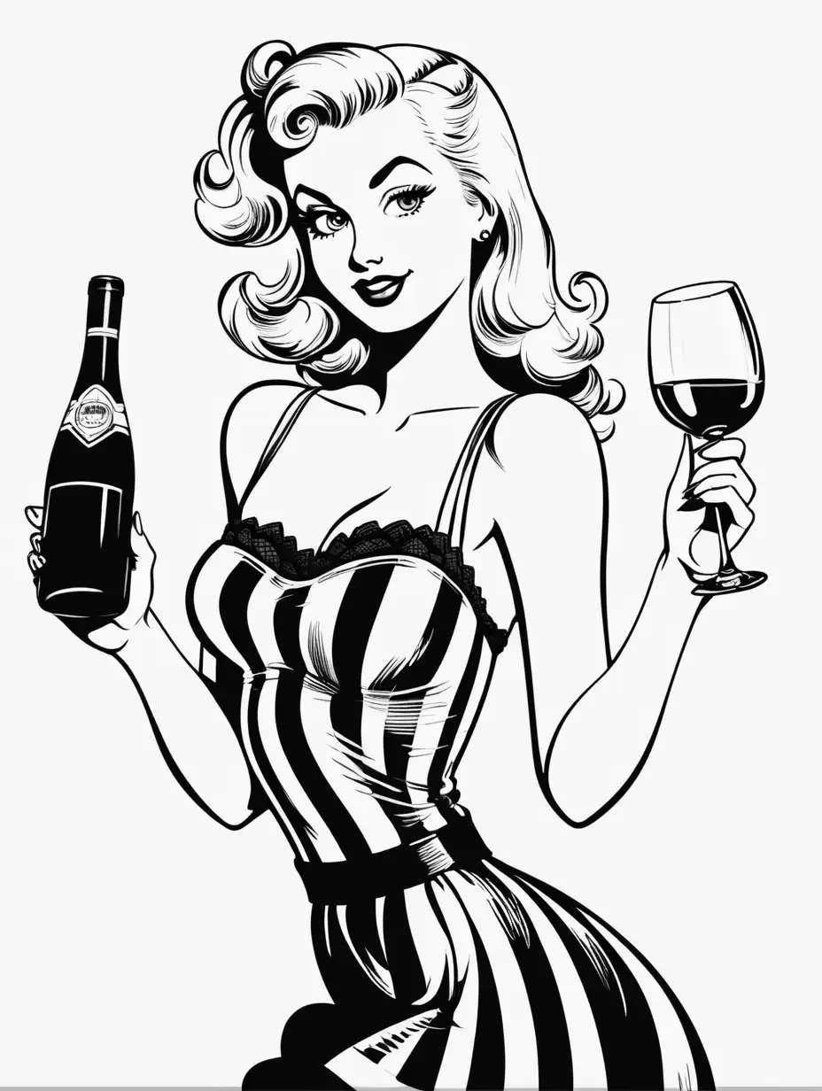 cute blonde pinup girl with a wine glass black and white image with white background cartoon style