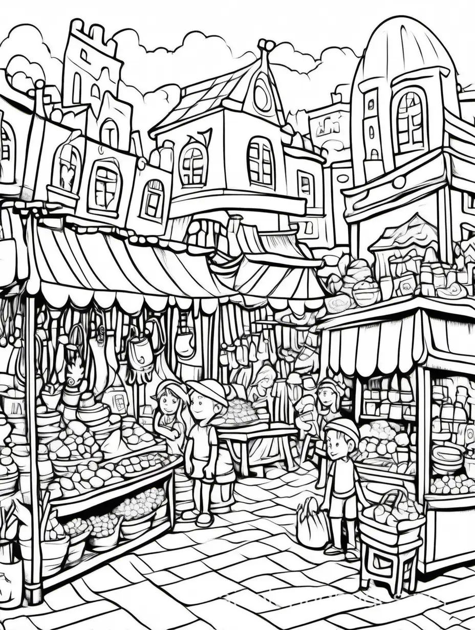 Generate a doodle marketplace filled with stalls selling fantastical goods and treats, with characters haggling and exploring, Coloring Page, black and white, line art, white background, Simplicity, Ample White Space. The background of the coloring page is plain white to make it easy for young children to color within the lines. The outlines of all the subjects are easy to distinguish, making it simple for kids to color without too much difficulty