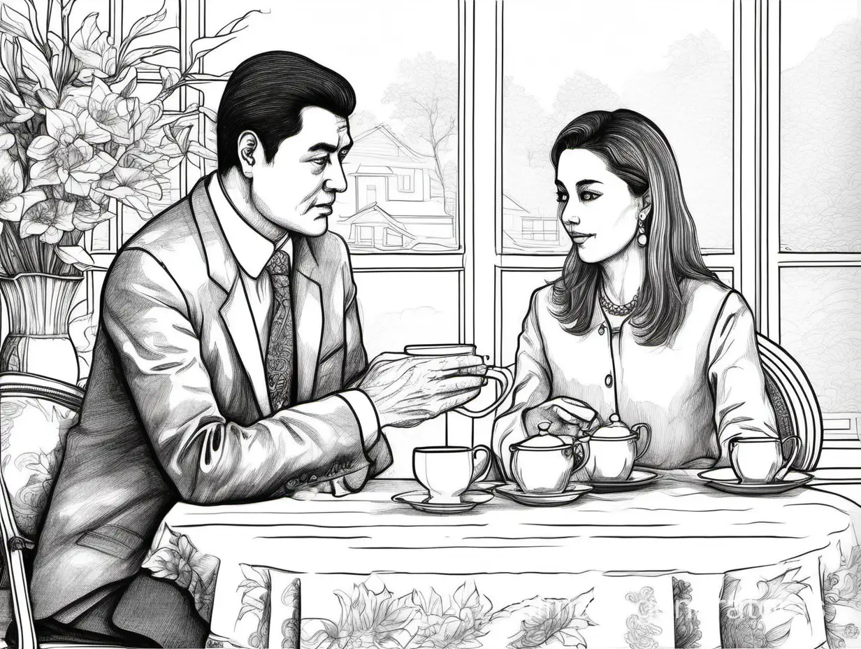can you generate a black and white line drawing. The leader's daughter-in-law at the leadership's home serves tea, you praise her as "beautiful and dignified", but the leader "coldly looks at you", your emotional intelligence is too low, learn how people with high emotional intelligence compliment!