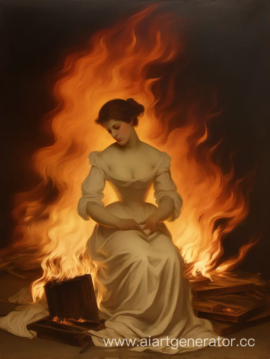 представь что ты художник 19го века и нарисуй картину где женщина горит под холстами