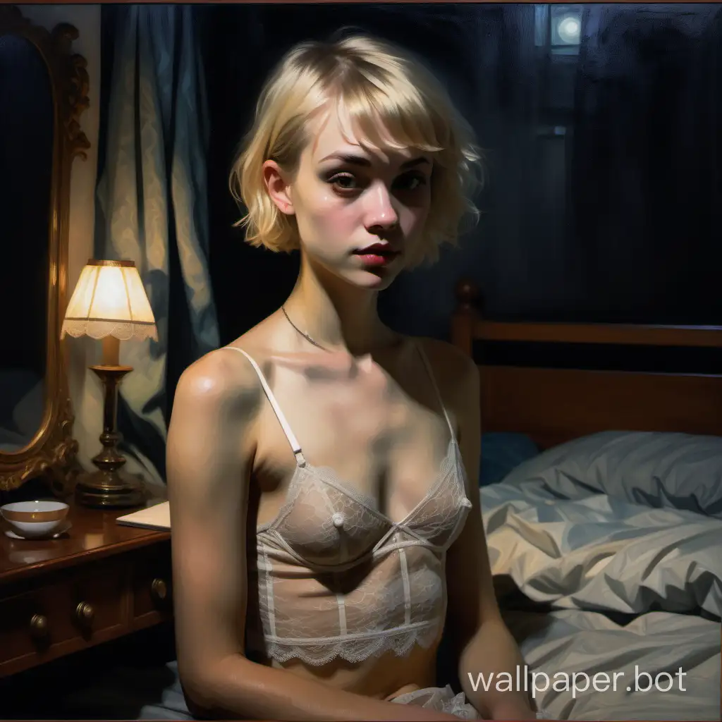 A painted portrait of a slim, petite, young blonde lesbian with short hair and a boyish fringe. She wears vintage lace lingerie in a girl's dormitory at night. A dimly lit scene with the aesthetic of a fine art oil painting