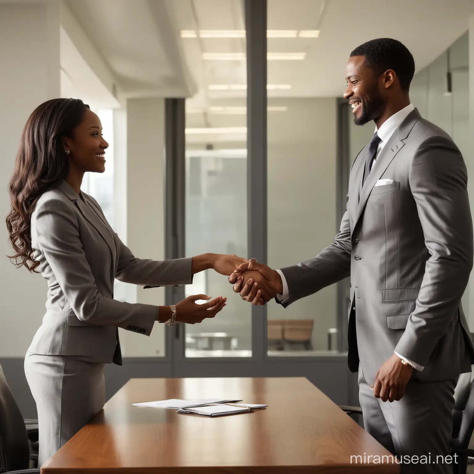 In the boardroom, a moment of camaraderie and mutual respect unfolds as a happy African American corporate woman extends her hand in a firm handshake to her male colleague. Their faces are alight with genuine smiles, reflecting the warmth and positivity of the interaction. The boardroom itself exudes professionalism and sophistication, with polished wooden tables and sleek chairs arranged neatly around the room. Sunlight streams in through large windows, casting a soft glow on the scene and adding an air of openness and transparency to the space. As they shake hands, the African American corporate woman and her male colleague exchange a brief but meaningful connection, symbolizing their shared commitment to collaboration and teamwork. Their handshake is confident and assured, a testament to the mutual trust and respect that exists between them. In this moment of unity and camaraderie, the boardroom becomes more than just a place of business--it becomes a space where relationships are forged, ideas are shared, and success is celebrated. And as they release their grip and return to their respective seats, the African American corporate woman and her male colleague carry with them the promise of continued partnership and shared achievement.