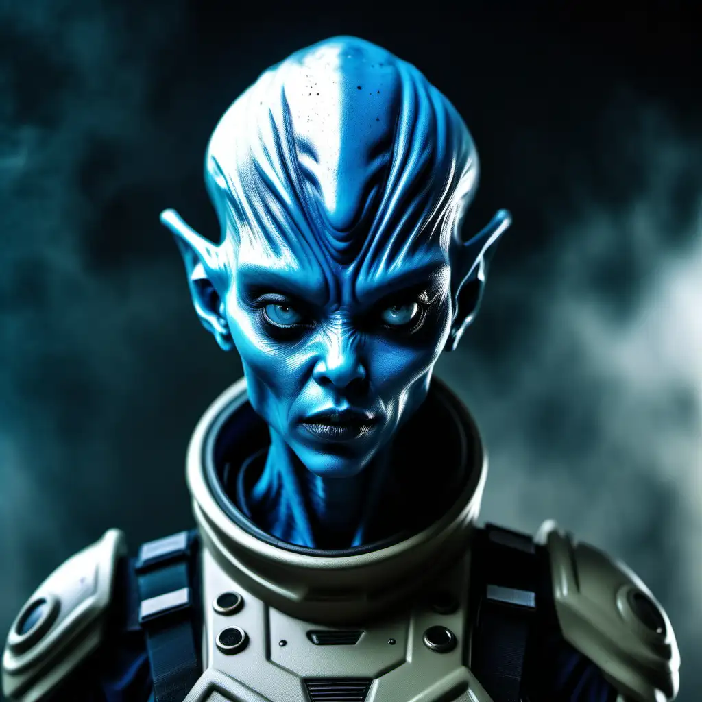 series of pictures of modest blue skinned alien female soldier with human shaped head in uniform  aggressive