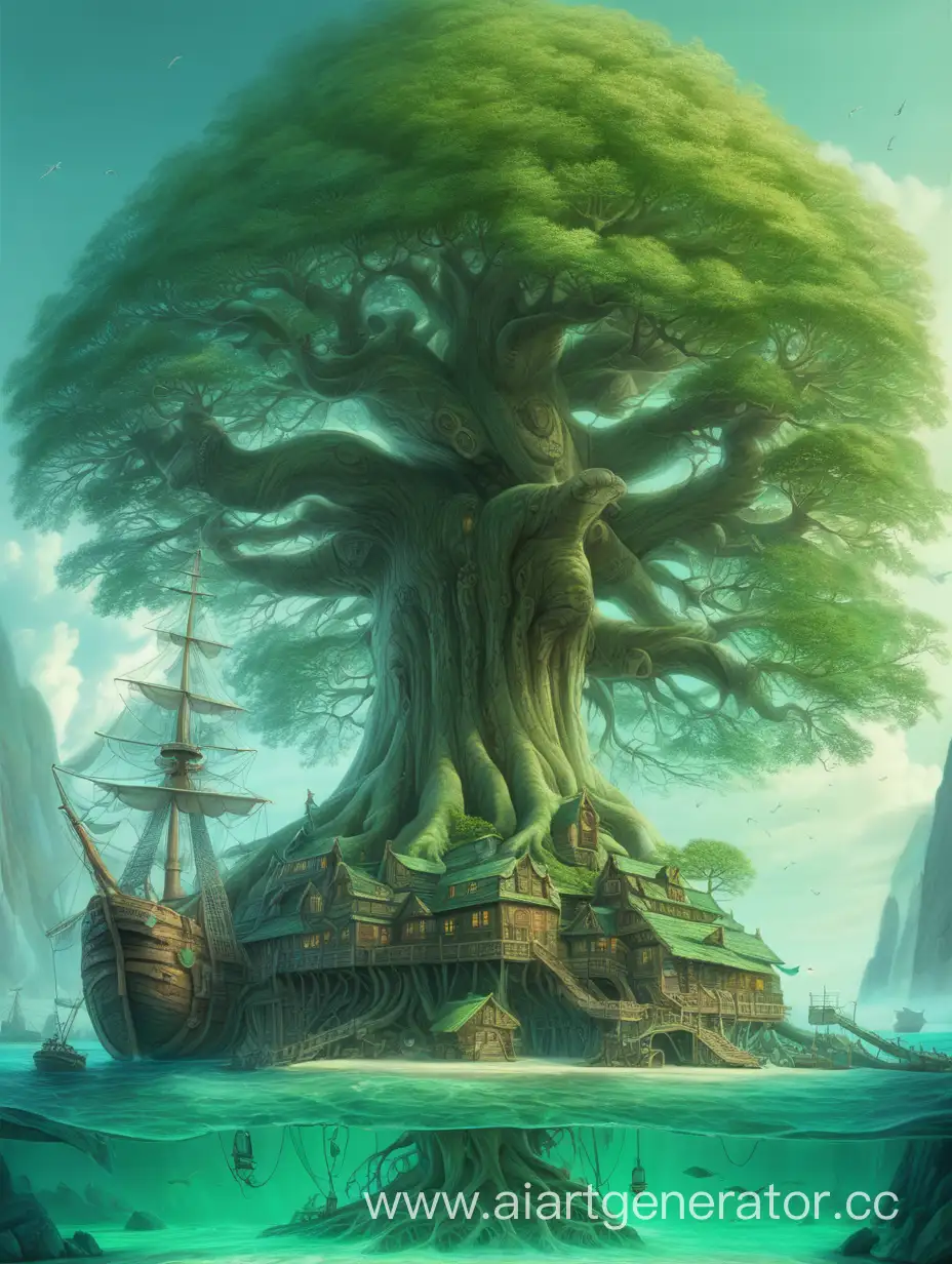 Huge tree growing in the middle of the sea alone, inside those roots huge tavern with many docks and ships located, tree's log is greenish-primarin color