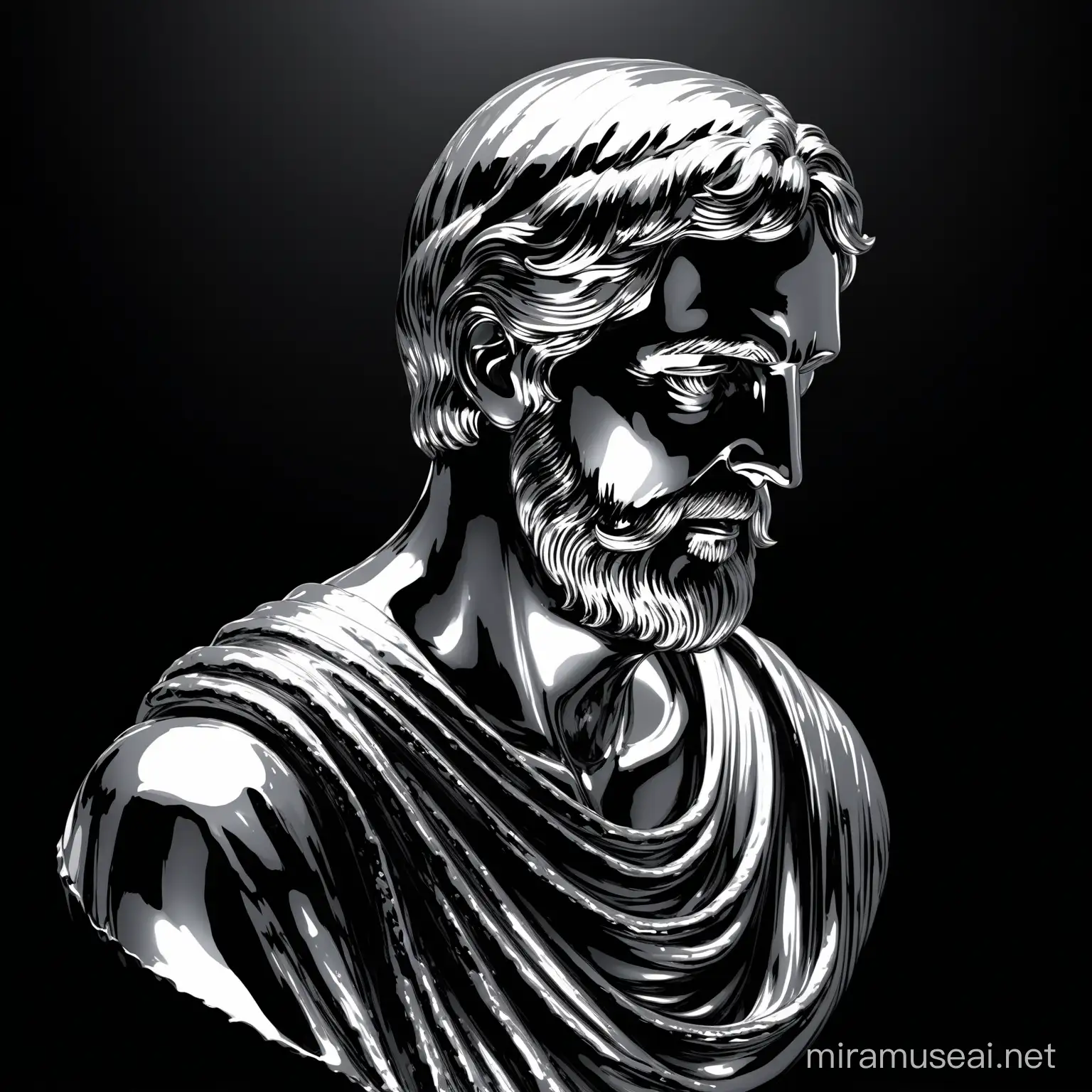 dans un fond noire, un statue en metal liquide argent d'un philosophe de la rome antique 