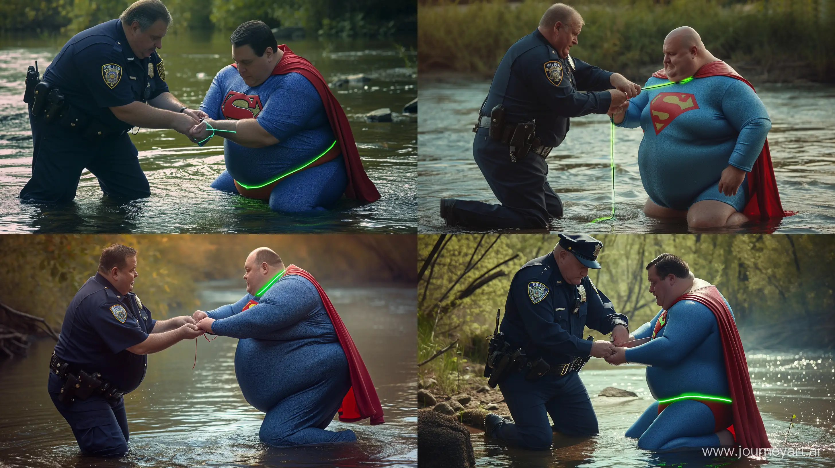 Close-up photo of a fat man aged 60 wearing a navy police uniform tying the hands of a fat man aged 60 wearing a tight blue 1978 smooth superman costume with a red cape and a tight green glowing neon dog collar kneeling in the water. Natural Light. River. --style raw --ar 16:9