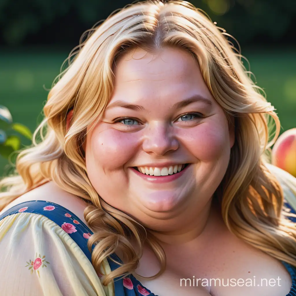 Very detailed photo of a very obese , smiling forty year old farm woman, with very fat face with red cheeks and a lot of peachfuzz, blue eyes, very fat body, long messy blonde hair, yellow teeth, thick eyebrows, wearing a simple and old-fashioned dress