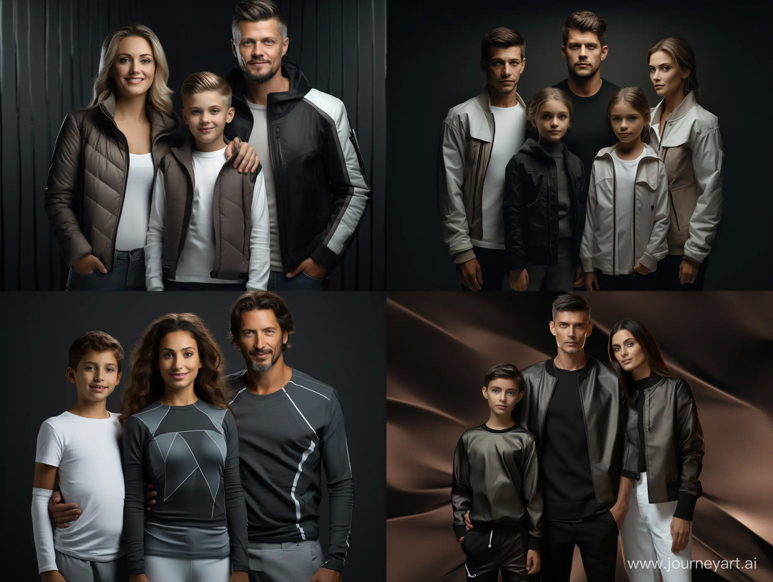 a a family with a father a mother a boy and a girl standing next to each other, affinity photo, luminar ai, trending on pexels, grid of styles, dark and white mode, images on the sales website, clothing concept, dark-toned product photos, realistically rendered clothing, curated collections, photoshop collage, trending on r/techwearclothing, pinterest render, fashion model features, stacked image, human skin texture, rought, suits with zips between the limbs and overalls made of recycled plastic