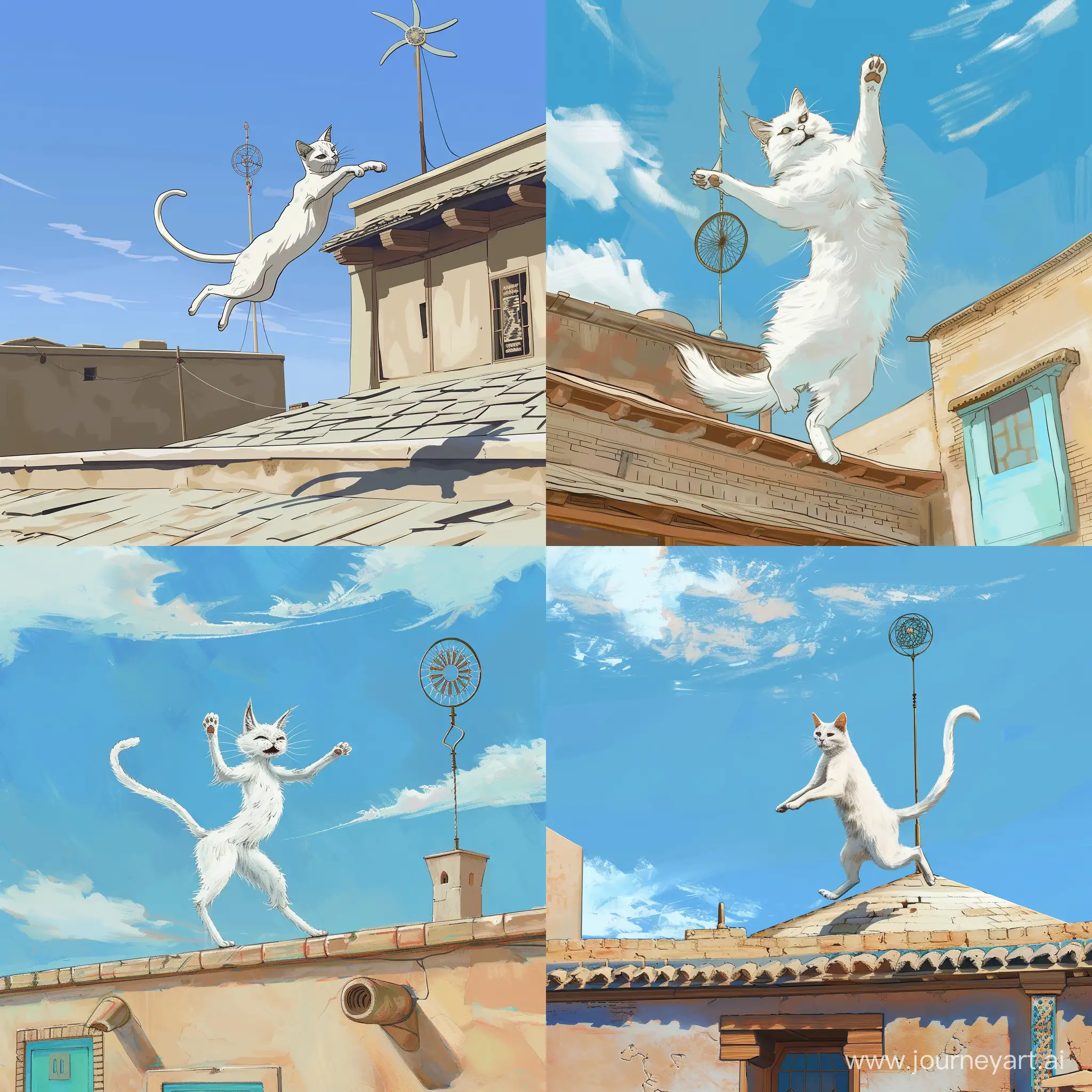 یک گربه برام طراحی کن در حال رقصیدن که سفید باشد و در پشت بام یک خانه در یزد مشغول رقصیدن باشد و بادگیر هم در پس زمینه باشد با اسمان ابی 