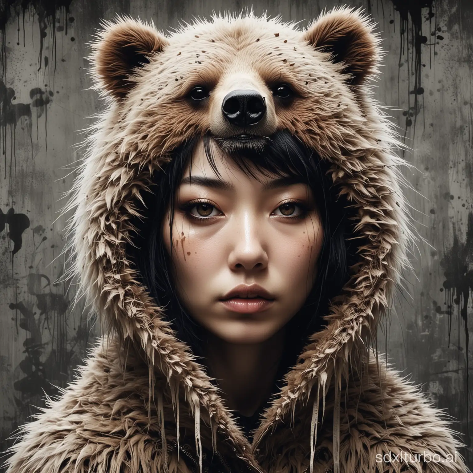 Shapeshifting-Woman-in-Urbanpunk-Surreal-Art-Moody-WabiSabi-Collage-with-Bear-Fur