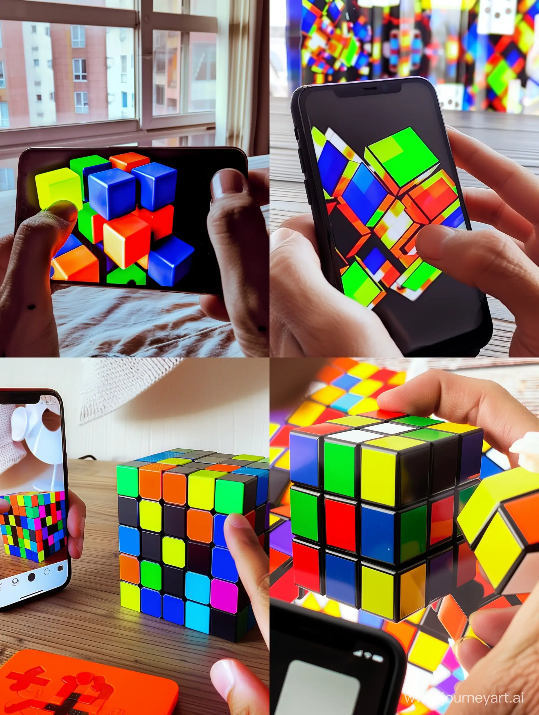 A phone photo of the Rubik's cube and trying to solve it, first-person perspective, at daytime, vibrant colors, --ar 3:4 --s 0 --style raw --v 6