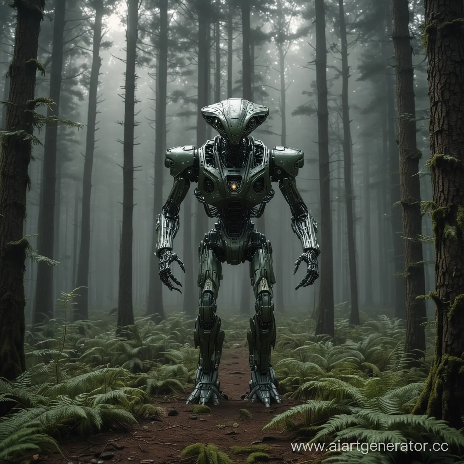 инопланетянин-робот выходит из нло стоящее на лесной поляне