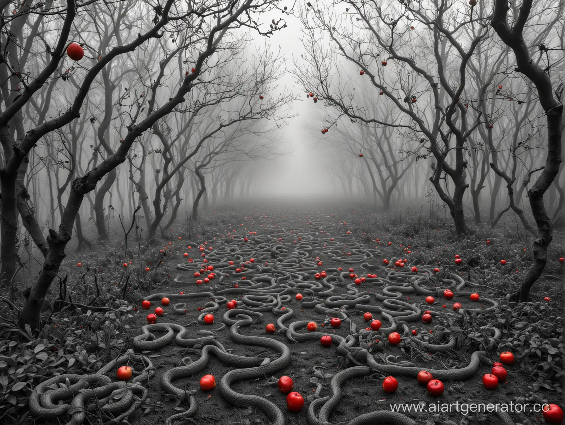 Monochrome-Garden-Enigmatic-Mist-with-Red-Apples-and-Sinister-Serpents