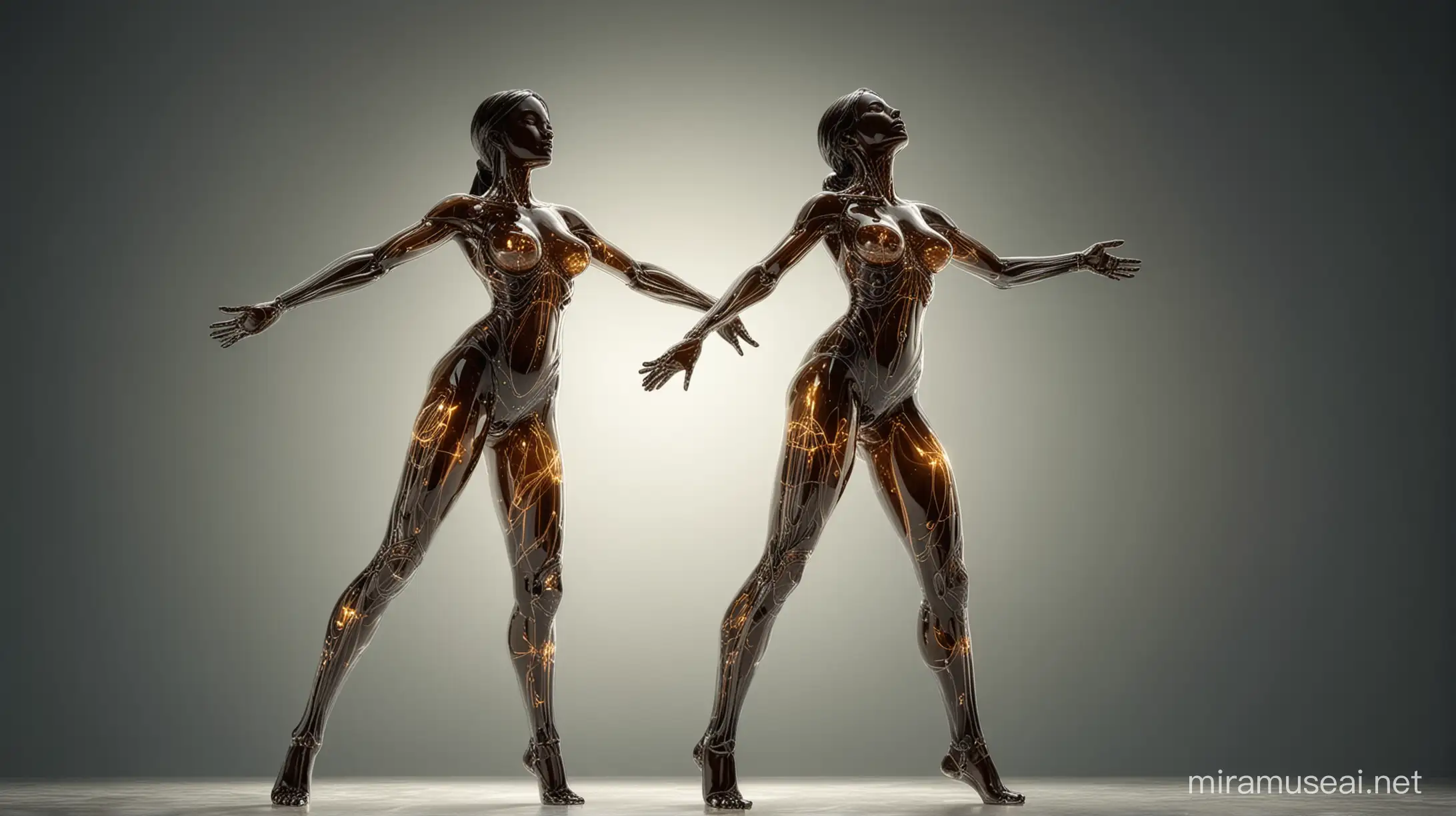a beautiful glass figure, whole body made of glass , some machine glowing inside body, standing with spread legs and hands open pose,elegant pose, sideview, backlit, fantasy art, long shot, 