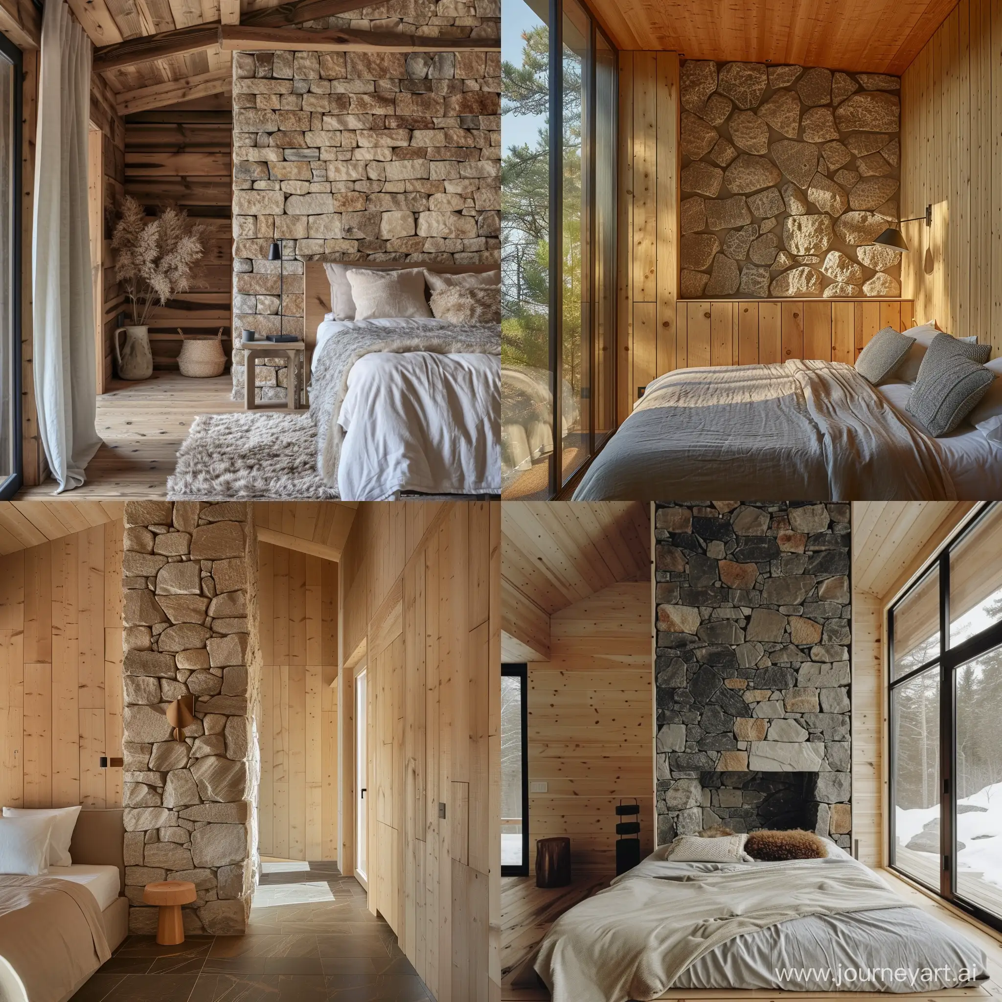 спальня с каменной стеной в деревянном доме