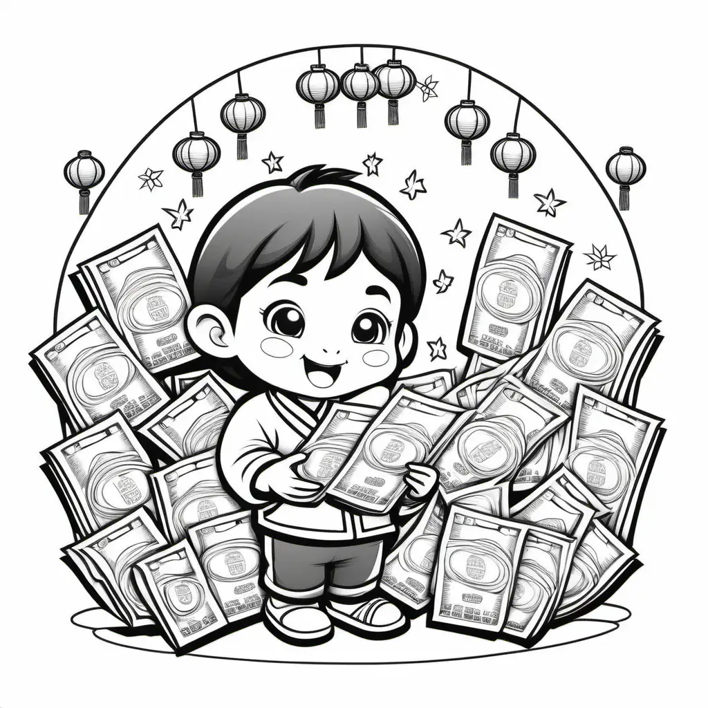 Children Celebrating Lunar New Year with Money Packets Coloring Page