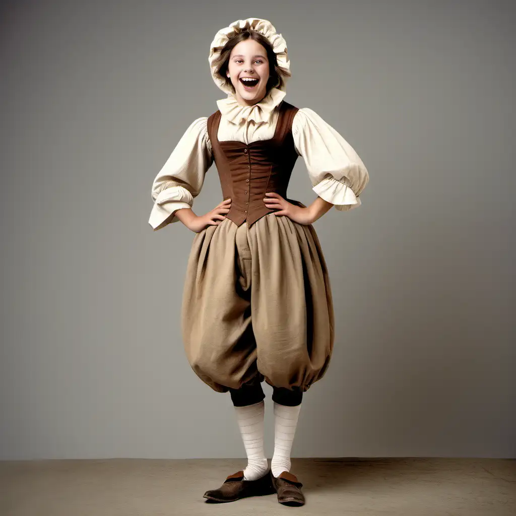happy young fool in 1850 wearing brown beige and white costume showing her entire body including shoes with grey clean backdrop